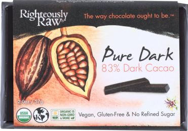 RIGHTEOUSLY RAW: 83% Pure Dark Cacao Bar Organic (2 oz)