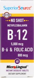 SUPERIOR SOURCE: No Shot Methylcobalamin B-12 5000mcg B-6 & Folic Acid 800mcg (60 tb)