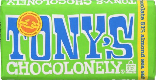 TONYS CHOCOLONEY: Chocolate Dark Almond Sea Salt Bar 51% (6 oz)